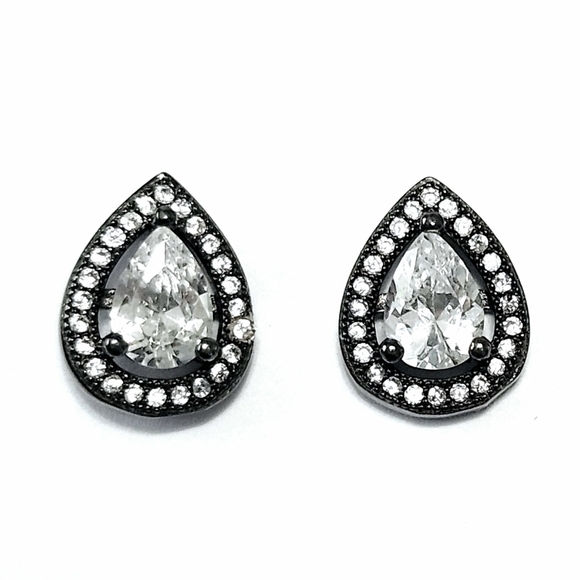 Halo Pear Silver Stud Earrings - Picture 3 of 10